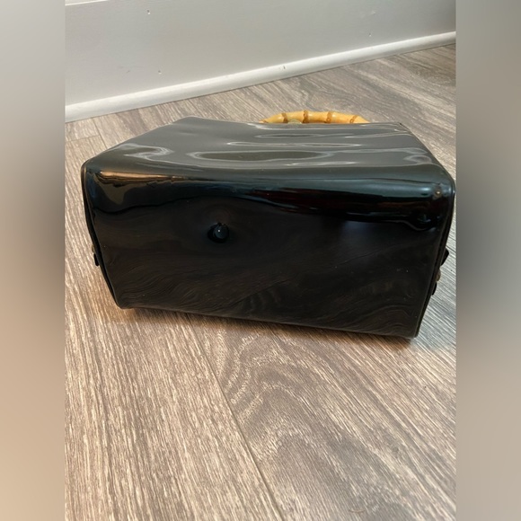 Vintage Evening Black Patent Vinyl Top Handle Handbag Purse, Bamboo Handle - Picture 7 of 11